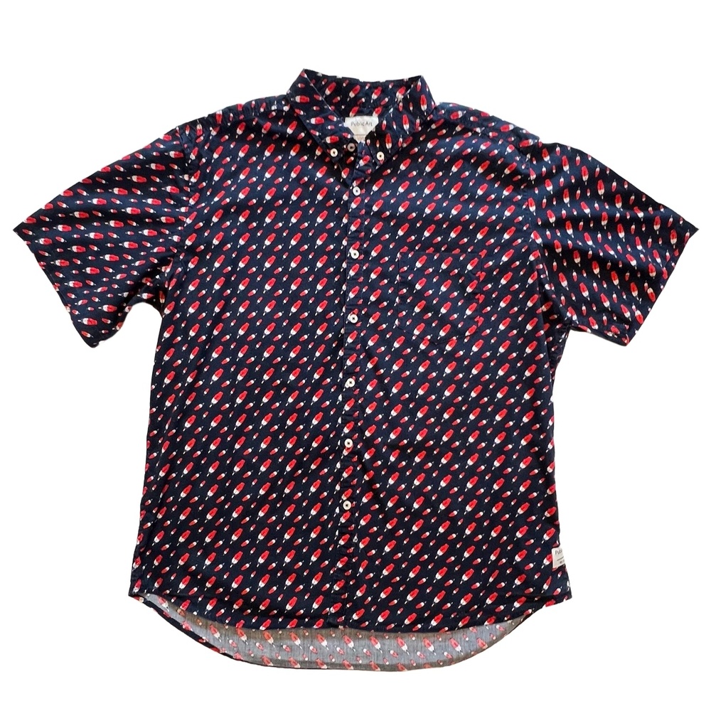 Public Art Popsicle Pattern Short Sleeve‎ Collared Shirt Navy Blue & Red Size XL